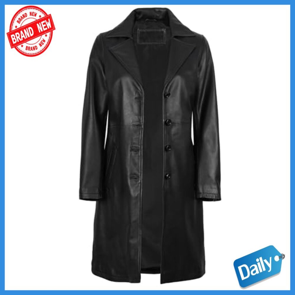 Real Lambskin Leather Car Coat Long Trench Style Button Closure Pockets - Picture 2 of 6